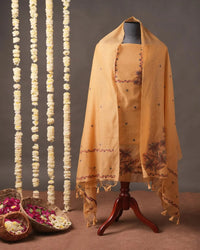 Chikoo Muga Cotton Unstitched Suit Material with Floral Embroidery
