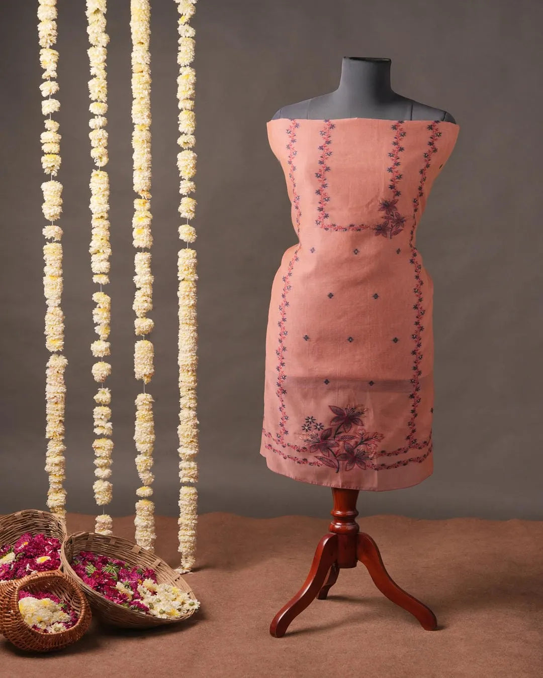 Red Muga Cotton Unstitched Suit Material with Floral Embroidery