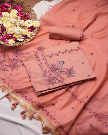 Red Muga Cotton Unstitched Suit Material with Floral Embroidery