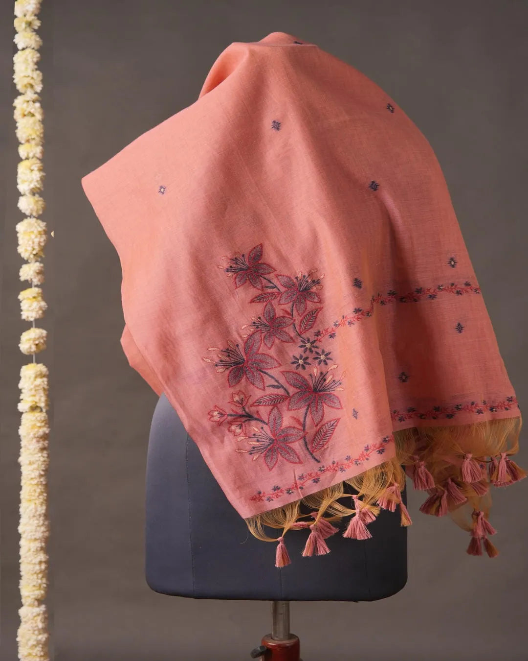 Red Muga Cotton Unstitched Suit Material with Floral Embroidery
