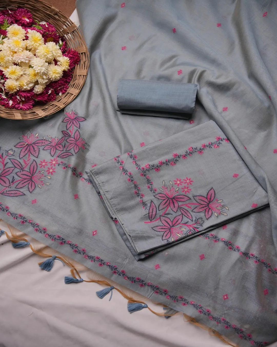 Blue Muga Cotton Unstitched Suit Material with Floral Embroidery