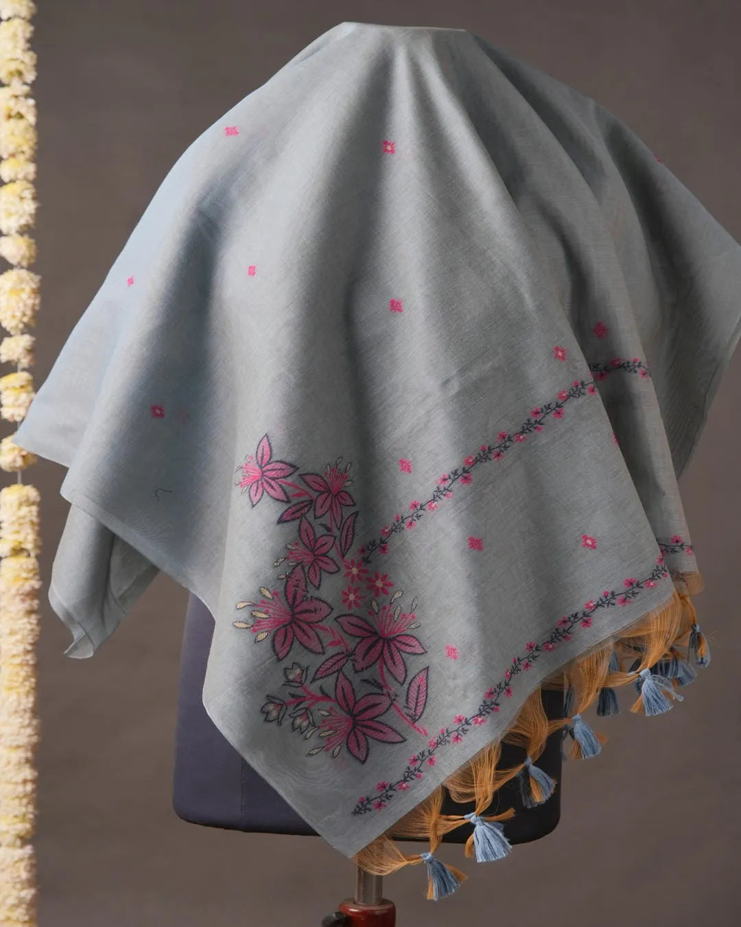 Blue Muga Cotton Unstitched Suit Material with Floral Embroidery