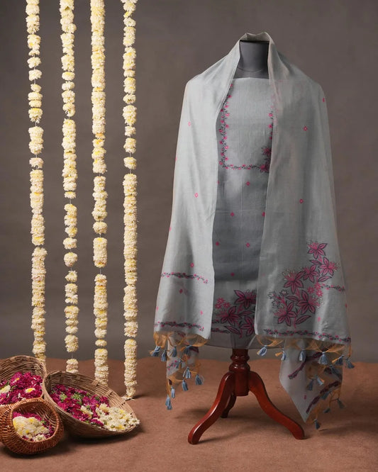 Blue Muga Cotton Unstitched Suit Material with Floral Embroidery