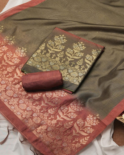 Olive Green and Rustic Maroon Semi Tussar Silk Unstitched Suit Set