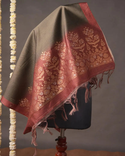 Olive Green Floral Semi Tussar Silk Unstitched Suit with Terracotta Shading