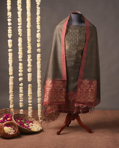 Terracotta Red and Charcoal Grey Semi Tussar Silk Unstitched Suit Set