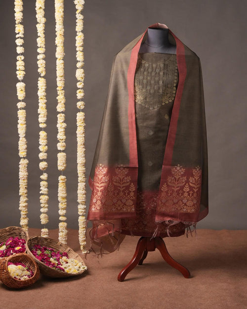 Olive Green and Rustic Maroon Semi Tussar Silk Unstitched Suit Set