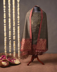 Olive Green Floral Semi Tussar Silk Unstitched Suit with Terracotta Shading