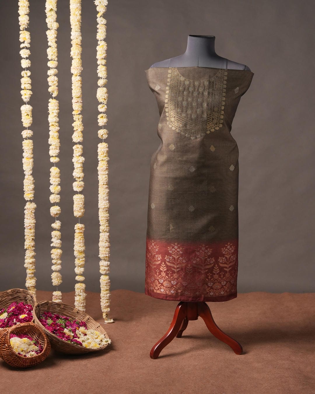 Olive Green and Rustic Maroon Semi Tussar Silk Unstitched Suit Set