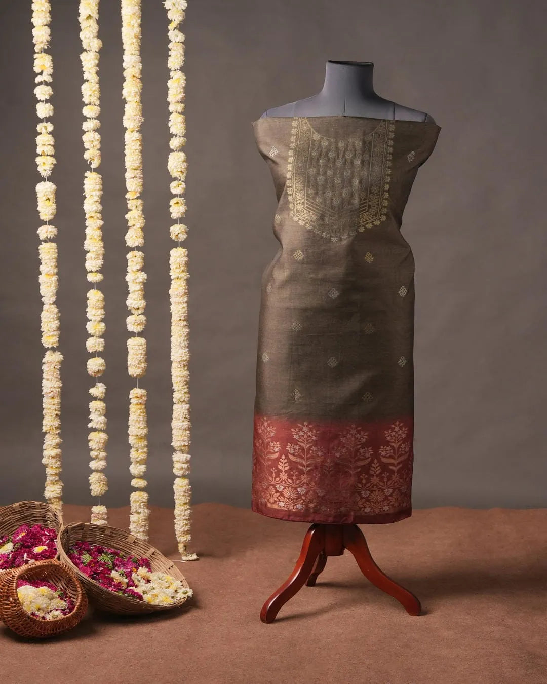 Olive Green Floral Semi Tussar Silk Unstitched Suit with Terracotta Shading