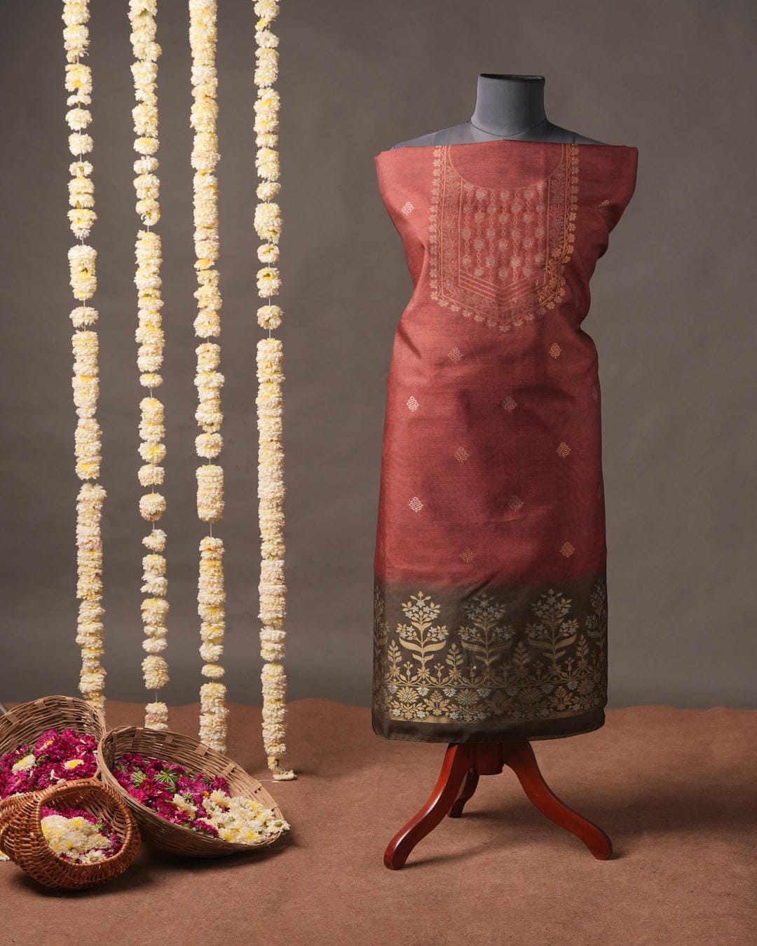 Terracotta Red and Charcoal Grey Semi Tussar Silk Unstitched Suit Set