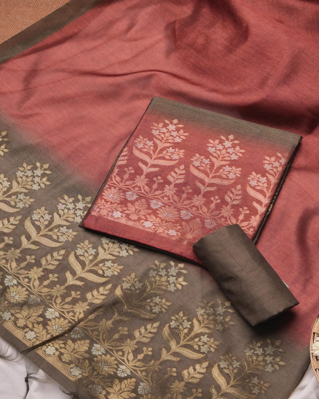 Terracotta Red and Charcoal Grey Semi Tussar Silk Unstitched Suit Set