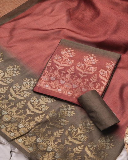 Terracotta Red and Charcoal Grey Semi Tussar Silk Unstitched Suit Set