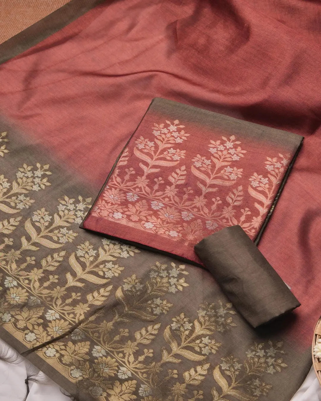 Earthy Poetry – Terracotta Semi Tussar Silk Unstitched Suit