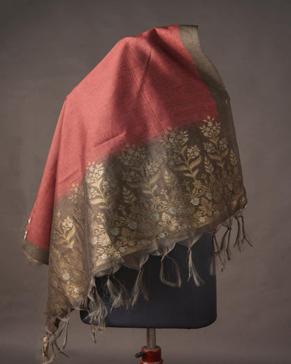 Terracotta Red and Charcoal Grey Semi Tussar Silk Unstitched Suit Set