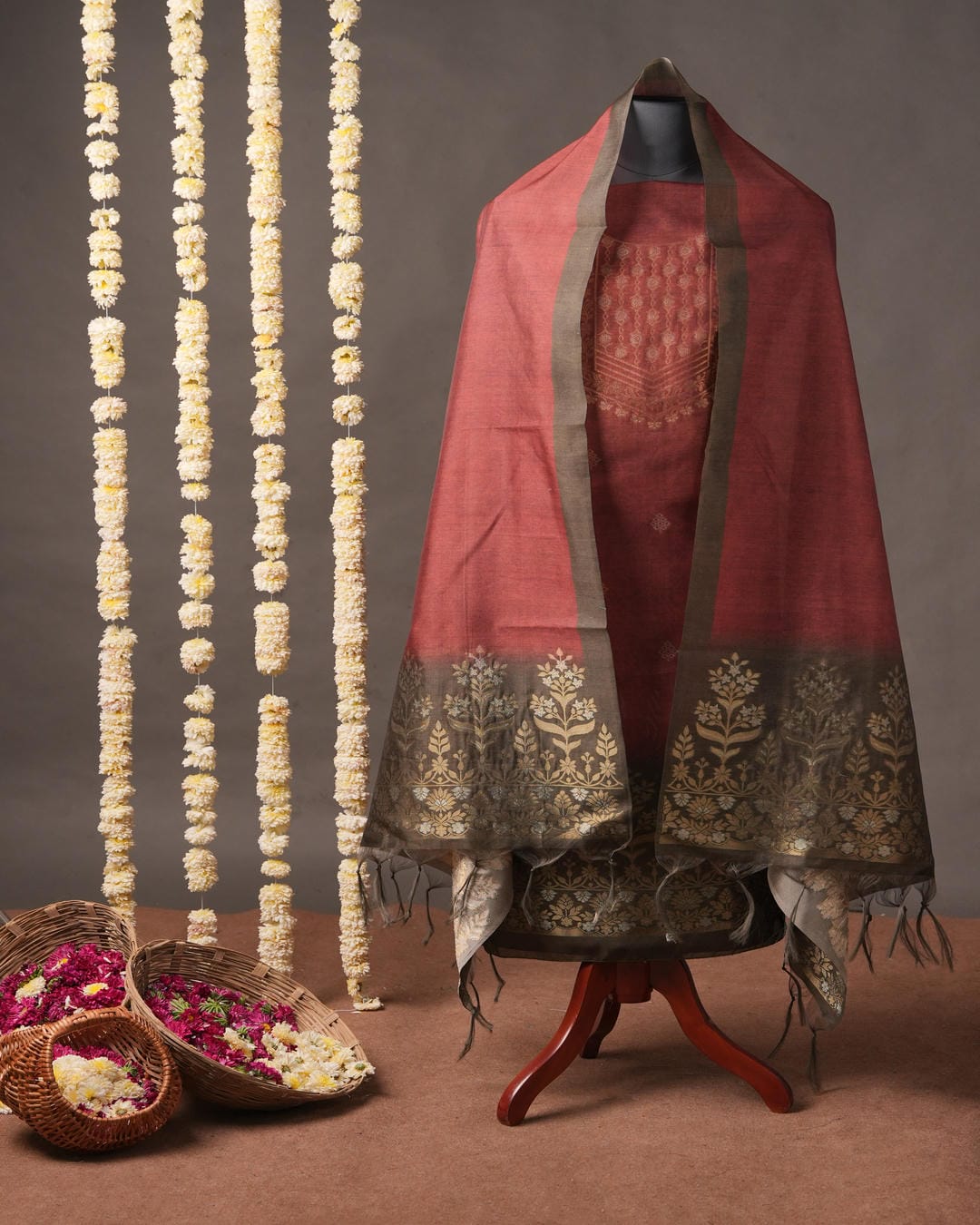 Terracotta Red and Charcoal Grey Semi Tussar Silk Unstitched Suit Set