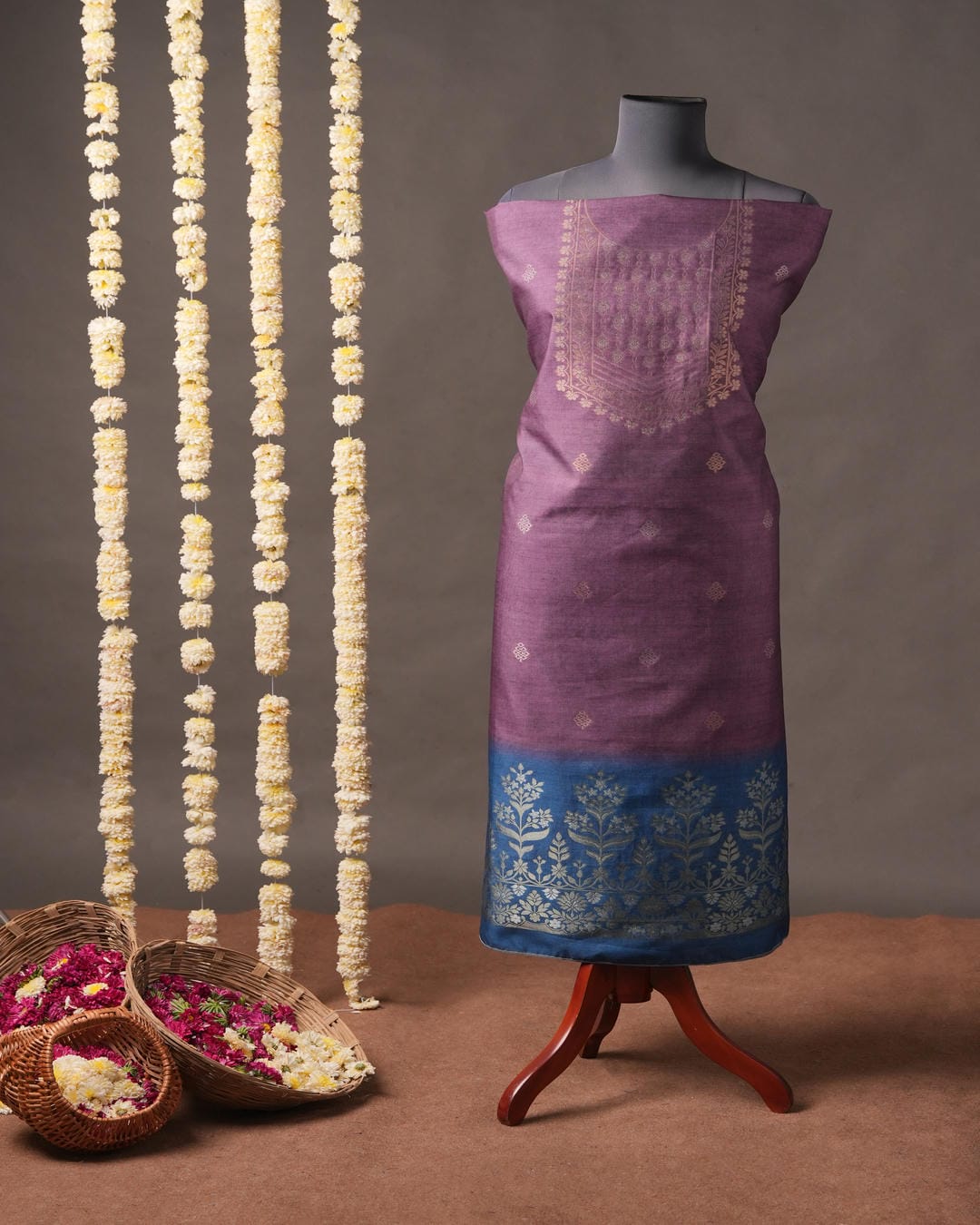 Terracotta Red and Charcoal Grey Semi Tussar Silk Unstitched Suit Set