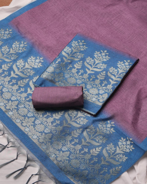 Mauve Purple and Cerulean Blue Semi Tussar Silk Unstitched Suit Set.