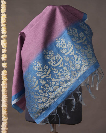 Mauve Purple and Cerulean Blue Semi Tussar Silk Unstitched Suit Set.