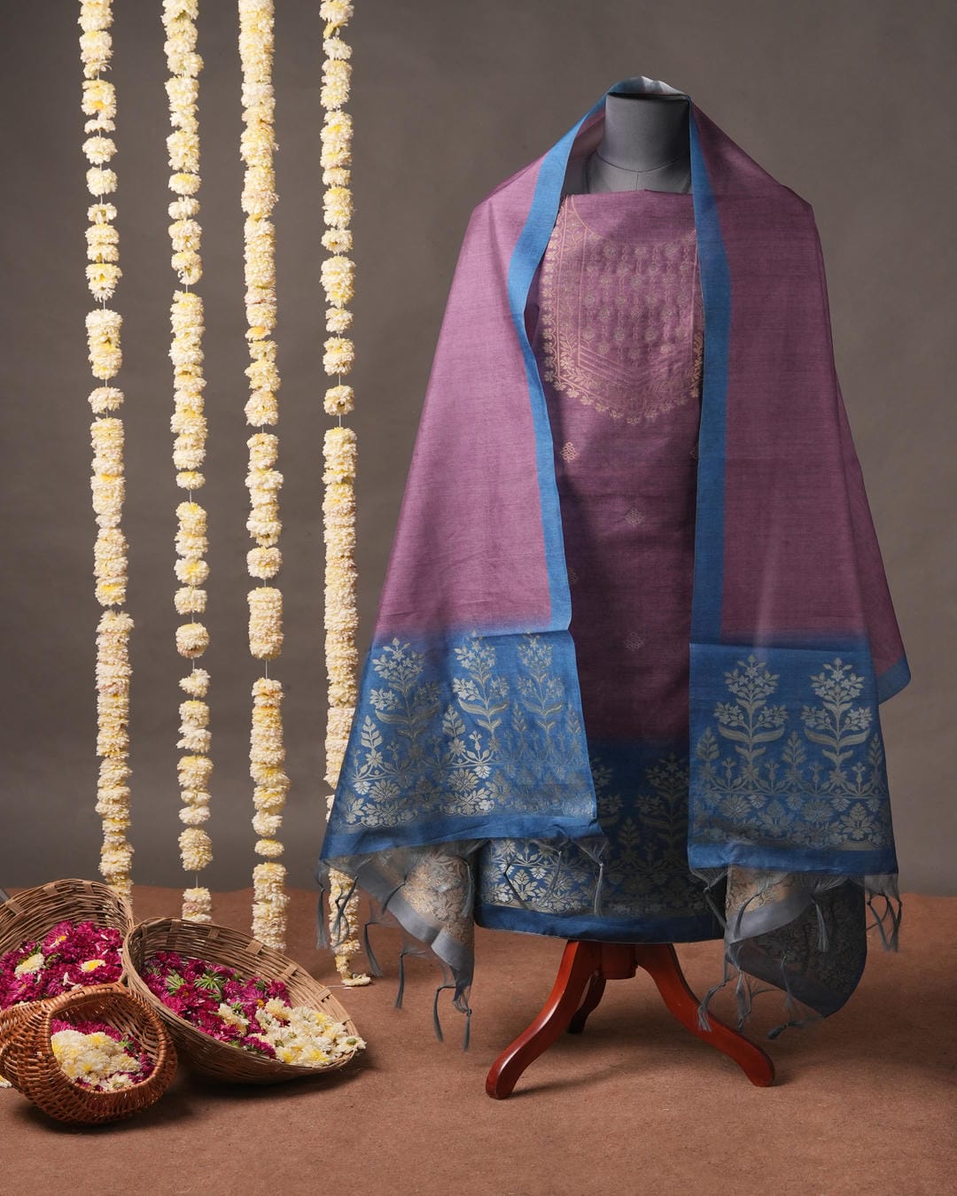 Mauve Purple and Cerulean Blue Semi Tussar Silk Unstitched Suit Set.