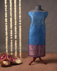 Indigo Blue Floral Semi Tussar Silk Unstitched Suit Material with Magenta Shading