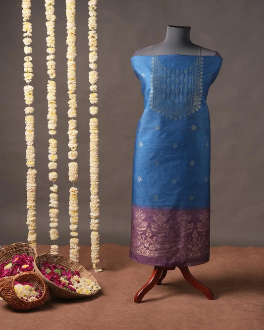 Indigo Blue Floral Semi Tussar Silk Unstitched Suit Material with Magenta Shading