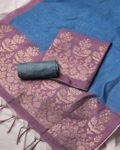 Indigo Blue Floral Semi Tussar Silk Unstitched Suit Material with Magenta Shading
