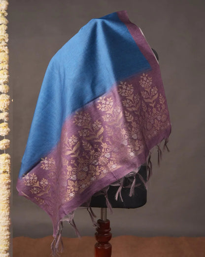 Indigo Blue Floral Semi Tussar Silk Unstitched Suit Material with Magenta Shading