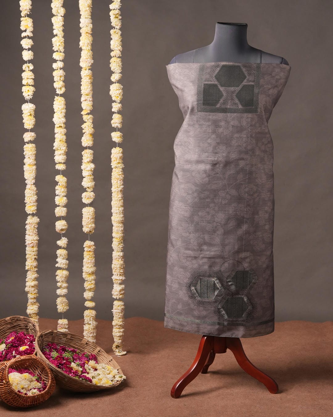 Steel Grey and Amber Orange Muga Cotton Unstitched Suit Set