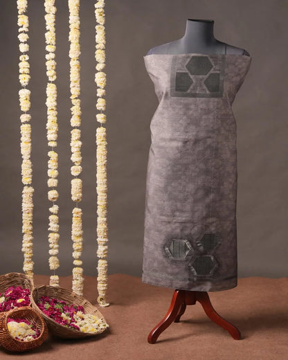 Charcoal Grey Geometric Semi Tussar Silk Unstitched Suit Material with Printed Dupatta
