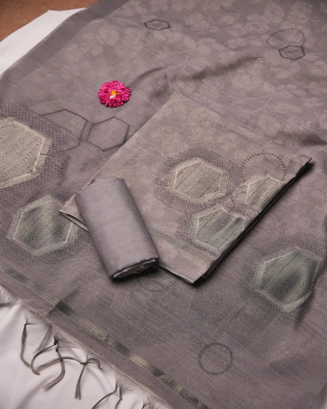 Charcoal Grey Geometric Semi Tussar Silk Unstitched Suit Material with Printed Dupatta