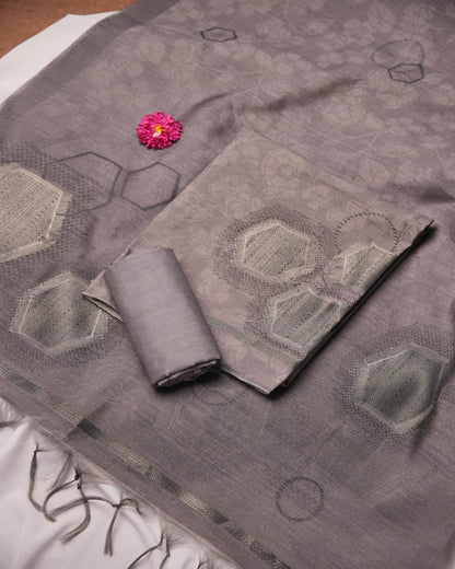 Steel Grey and Amber Orange Muga Cotton Unstitched Suit Set