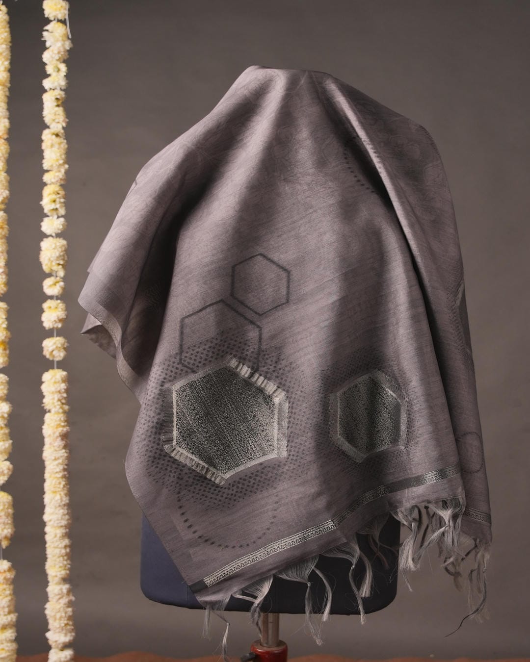 Steel Grey and Amber Orange Muga Cotton Unstitched Suit Set