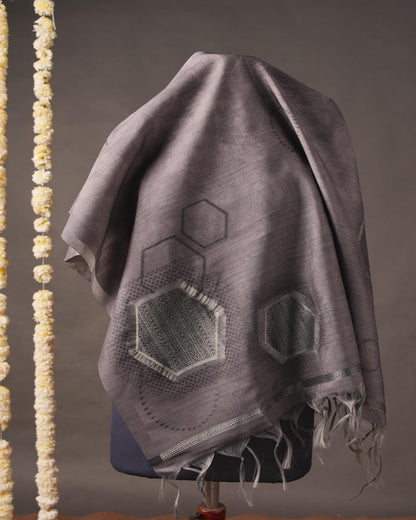 Steel Grey and Amber Orange Muga Cotton Unstitched Suit Set