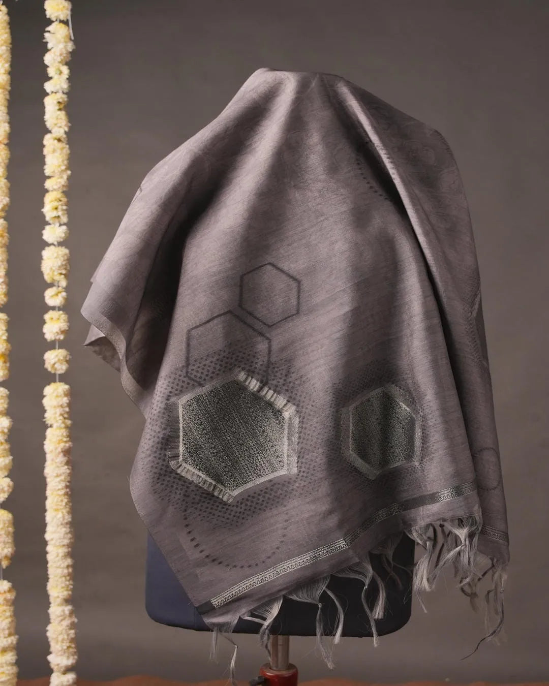 Charcoal Grey Geometric Semi Tussar Silk Unstitched Suit Material with Printed Dupatta