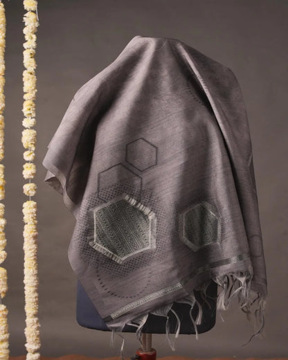 Charcoal Grey Geometric Semi Tussar Silk Unstitched Suit Material with Printed Dupatta