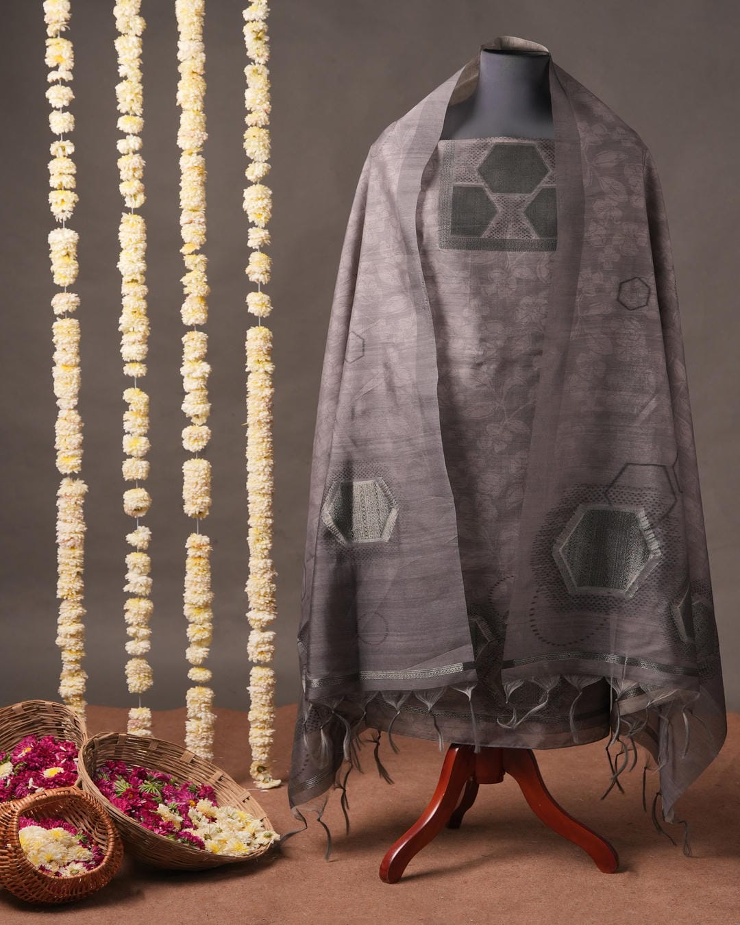 Steel Grey and Amber Orange Muga Cotton Unstitched Suit Set