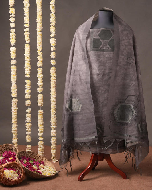 Steel Grey and Amber Orange Muga Cotton Unstitched Suit Set