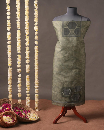 Pastel Olive and Charcoal Grey Semi Tussar Silk Unstitched Suit Set