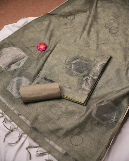 Pastel Olive and Charcoal Grey Semi Tussar Silk Unstitched Suit Set