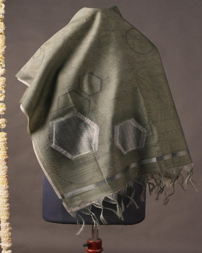 Pastel Olive and Charcoal Grey Semi Tussar Silk Unstitched Suit Set