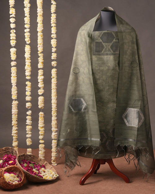 Pastel Olive and Charcoal Grey Semi Tussar Silk Unstitched Suit Set