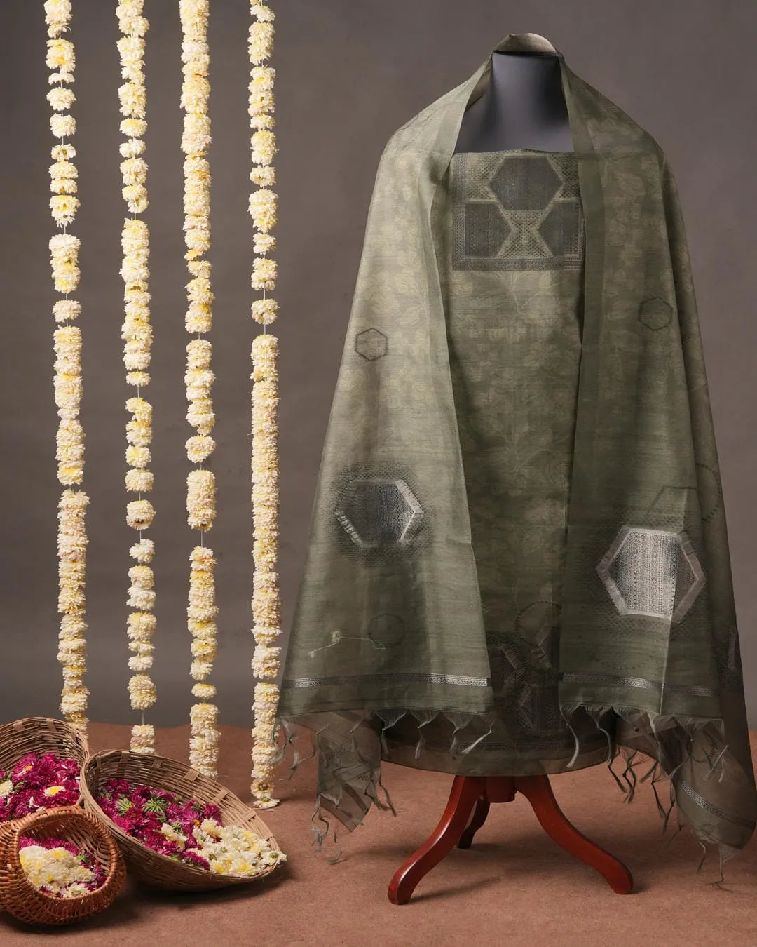 Charcoal Grey Geometric Semi Tussar Silk Unstitched Suit Material with Printed Dupatta