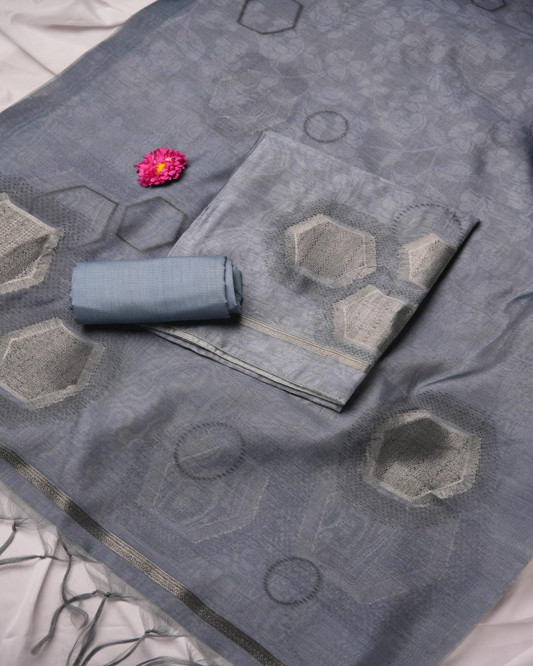 Denim Blue and Charcoal Grey Semi Tussar Silk Unstitched Suit Set