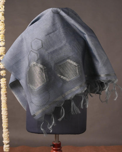 Denim Blue and Charcoal Grey Semi Tussar Silk Unstitched Suit Set