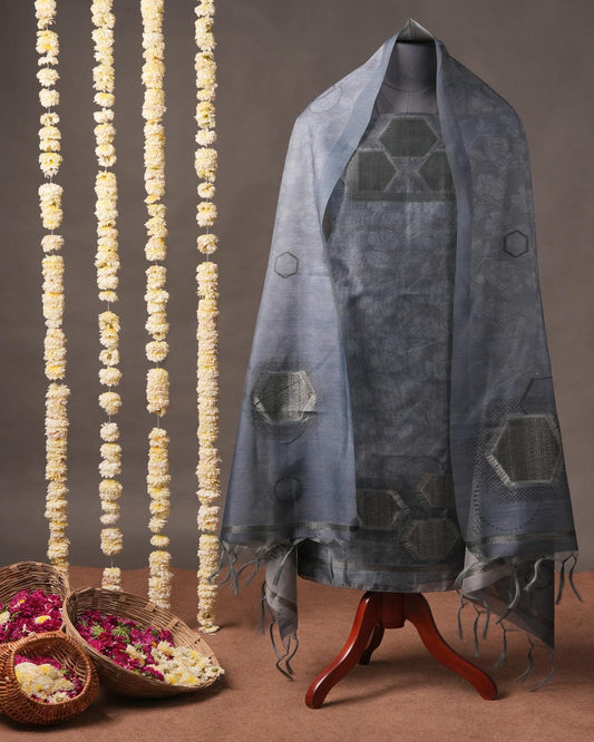 Denim Blue and Charcoal Grey Semi Tussar Silk Unstitched Suit Set