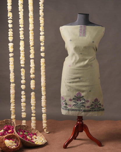 Vintage Sage and Orchid Purple Muga Cotton Unstitched Suit Set