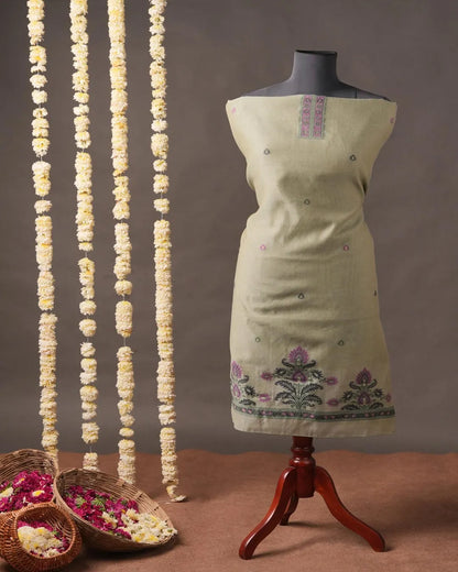 Green Muga Cotton Dress Material Under 2000  Dorai