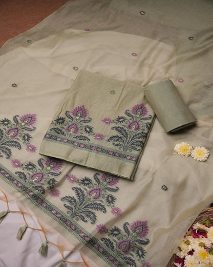 Vintage Sage and Orchid Purple Muga Cotton Unstitched Suit Set