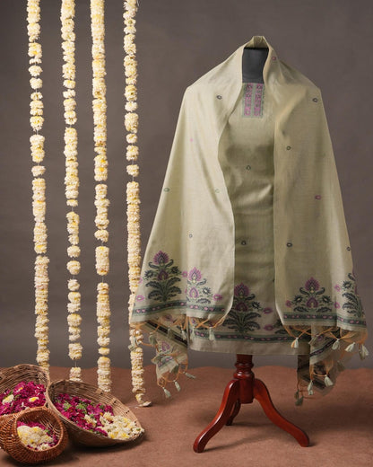 Terracotta Rose and Forest Green Muga Cotton Unstitched Suit Set